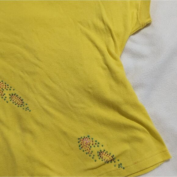 80s Mock Neck Yellow Dolman Sleeve Top with Puff Paint Designs - Picture 7 of 8